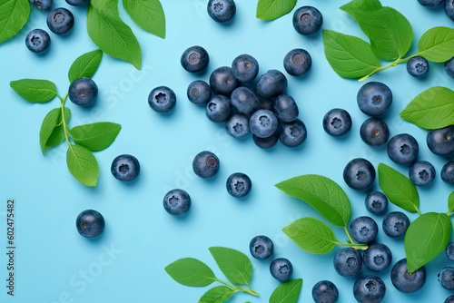 Fresh juicy blueberries with green leaves on blue background. blueberry background