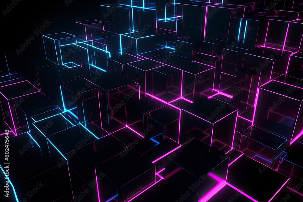 Glowing neon lines and randomly arranged cubes in the dark room, 3d rendering Glowing neon lines and randomly arranged cubes in the dark room, 3d rendering