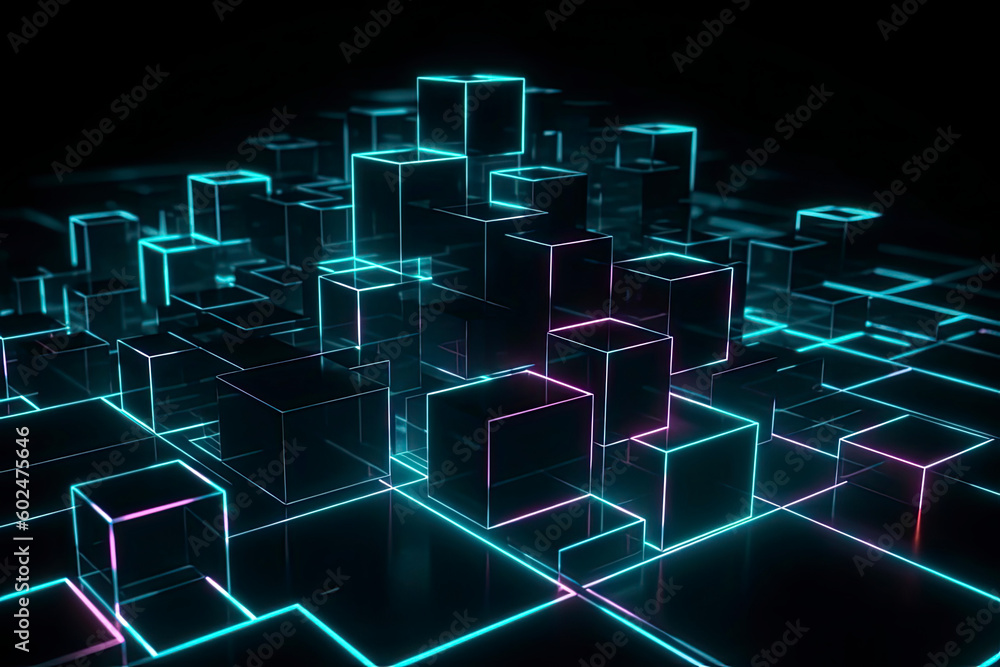 Glowing neon lines and randomly arranged cubes in the dark room, 3d rendering Glowing neon lines and randomly arranged cubes in the dark room, 3d rendering