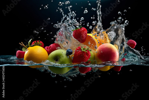 Fruit juice mixed with water. Underwater photography of fresh fruit and vegetables