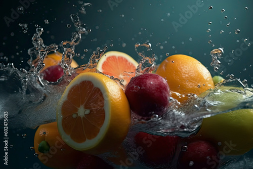 Fruit juice mixed with water. Underwater photography of fresh fruit and vegetables