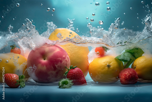 Fruit juice mixed with water. Underwater photography of fresh fruit and vegetables
