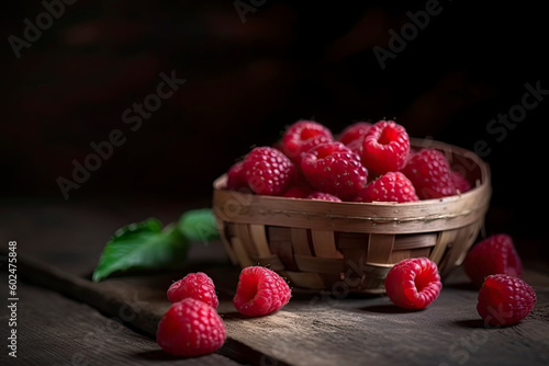 juicy fresh natural raspberries on a dark wooden rustic background