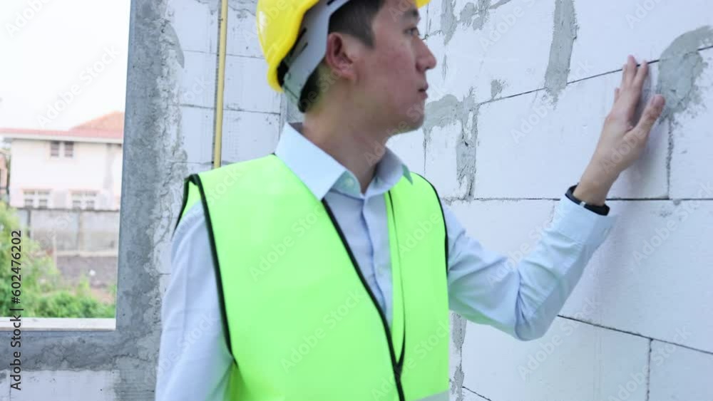 Asian engineer in uniform at construction site while checking and inspecting concrete material for house building. Professional engineering manager working on structure building at workplace. Asian engineer in uniform at construction site while checking and inspecting concrete material for house building. Professional engineering manager working on structure building at workplace.