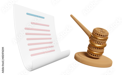 Bilde på lerret 3d judge arbitrate gavel, hammer auction with stand, paper auction contract isolated