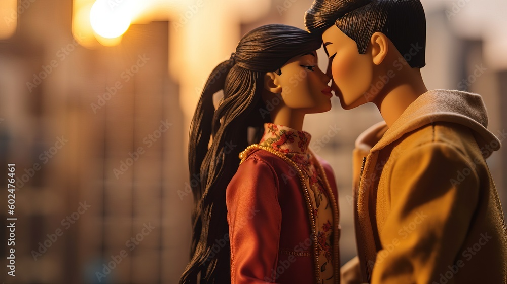 Two dolls in love kissing each other on a blurred city background during golden hour. Toy figures macro shot. Generative AI.