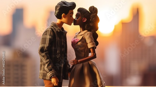 Two dolls in love kissing each other on a blurred city background during golden hour. Toy figures macro shot. Generative AI. © Kai Alves