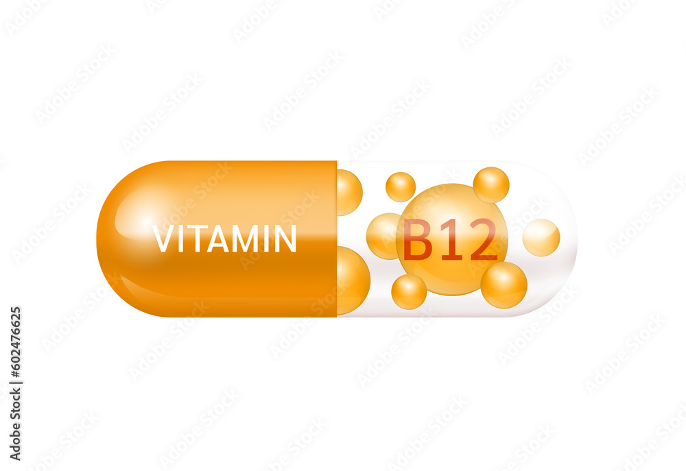 ภาพประกอบสต็อก Capsule vitamin B12 structure orange and white It's