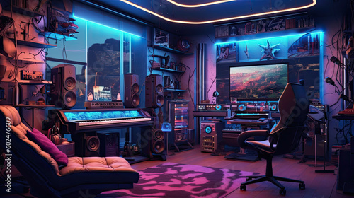 Neon Harmonies: Unveiling the Cyberpunk Interior Design of a Futuristic Music Studio Room created with Generative AI