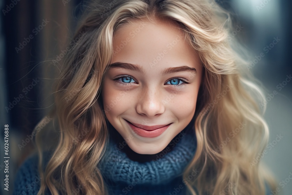 Girl with blonde hair and blue eyes. Generative AI Girl with blonde hair and blue eyes. Generative AI