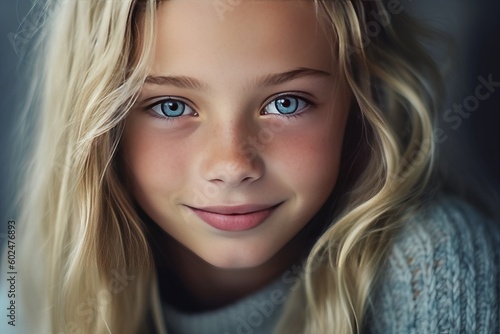 Girl with blonde hair and blue eyes. Generative AI