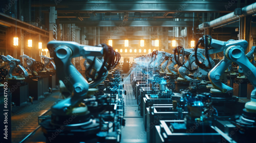 Obraz premium Arm robot working in a factory generative ai