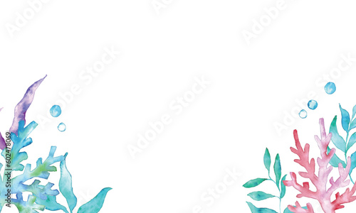 水彩画。水彩タッチの夏の貝殻ベクターイラスト。ヒトデや貝の背景フレーム。Watercolor painting. Summer seashell vector illustration with watercolor touch. Background frame of starfish and shells.