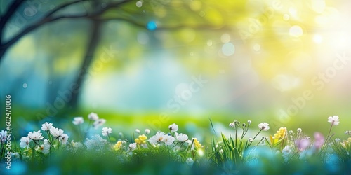 Abstract sunny spring background with blooming flowers and trees. Summer meadow field with grass and bokeh wallpaper landscape.