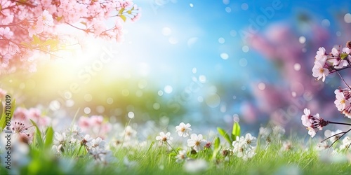 Abstract sunny spring background with blooming flowers and trees. Summer meadow field with grass and bokeh wallpaper landscape.