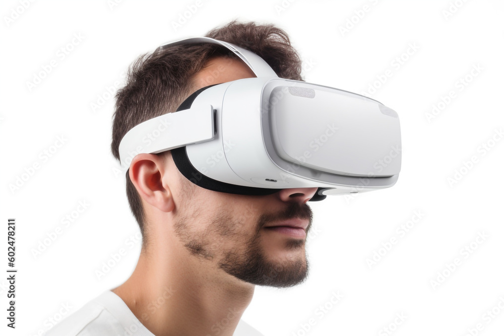 Young man using VR headset for virtual reality experience, isolated on white background, Generative AI Young man using VR headset for virtual reality experience, isolated on white background, Generative AI