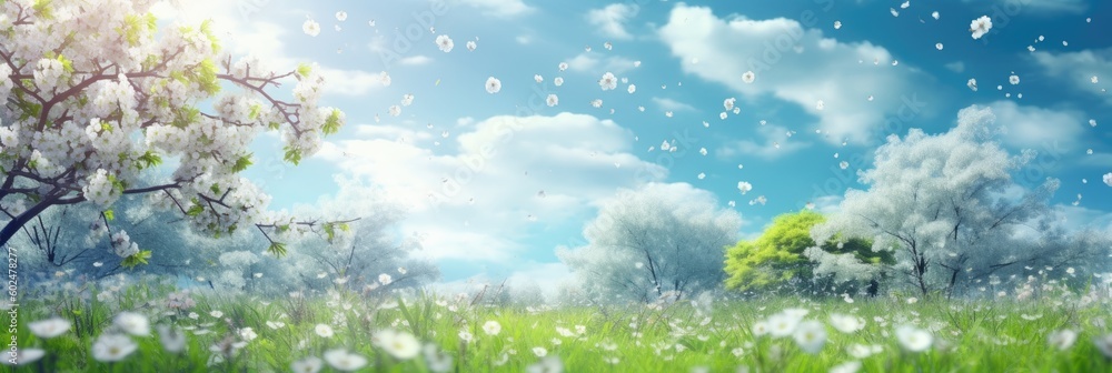 Abstract sunny spring background with blooming flowers and trees. Summer meadow field with grass and bokeh wallpaper landscape. Abstract sunny spring background with blooming flowers and trees. Summer meadow field with grass and bokeh wallpaper landscape.