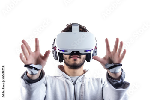 Young man wearing virtual reality headset and holding controllers, isolated on white background,  Generative AI