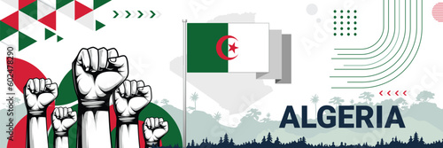 Celebrate Algeria independence in style with bold and iconic flag colors. raising fist in protest or showing your support, this design is sure to catch the eye and ignite your patriotic spirit! photo