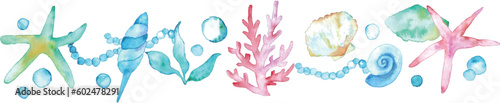 水彩画。水彩タッチの夏の貝殻ベクターイラスト。ヒトデや貝の背景フレーム。Watercolor painting. Summer seashell vector illustration with watercolor touch. Background frame of starfish and shells.