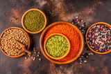 Assortment  of Legumes - lentils, peas, mung, chickpeas and different beans.
