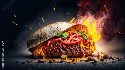 Burger or kebab hot and spicy exploding  Generative AI