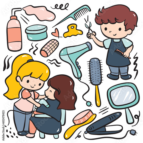Hand drawn cartoon hairdresser and equipment