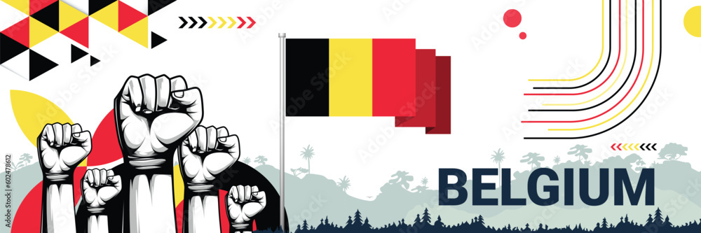 Fototapeta premium Celebrate Belgium independence in style with bold and iconic flag colors. raising fist in protest or showing your support, this design is sure to catch the eye and ignite your patriotic spirit!