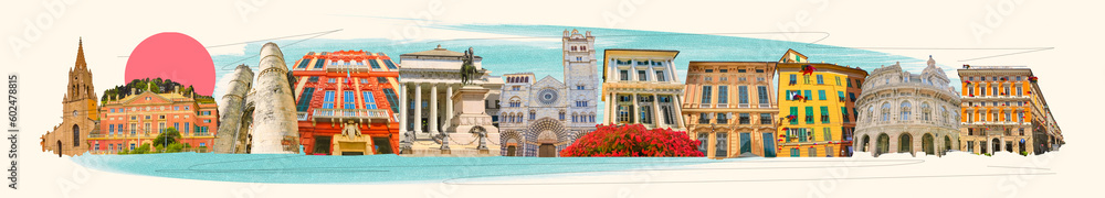 Obraz premium Collage of facades of Italian buildings in old part of town Genoa, Italy.