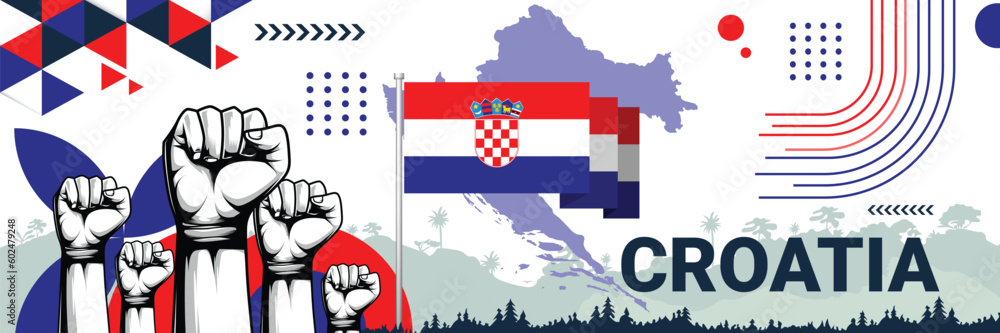 Naklejka premium Celebrate Croatia independence in style with bold and iconic flag colors. raising fist in protest or showing your support, this design is sure to catch the eye and ignite your patriotic spirit!