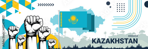 Celebrate Kazakhstan independence in style with bold and iconic flag colors. raising fist in protest or showing your support, this design is sure to catch the eye and ignite your patriotic spirit!
