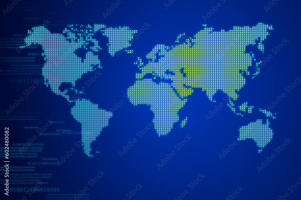 Square shape dotted world map on gradient blue background. Abstract technology digital backgrounds with binary code and world map Square shape dotted world map on gradient blue background. Abstract technology digital backgrounds with binary code and world map