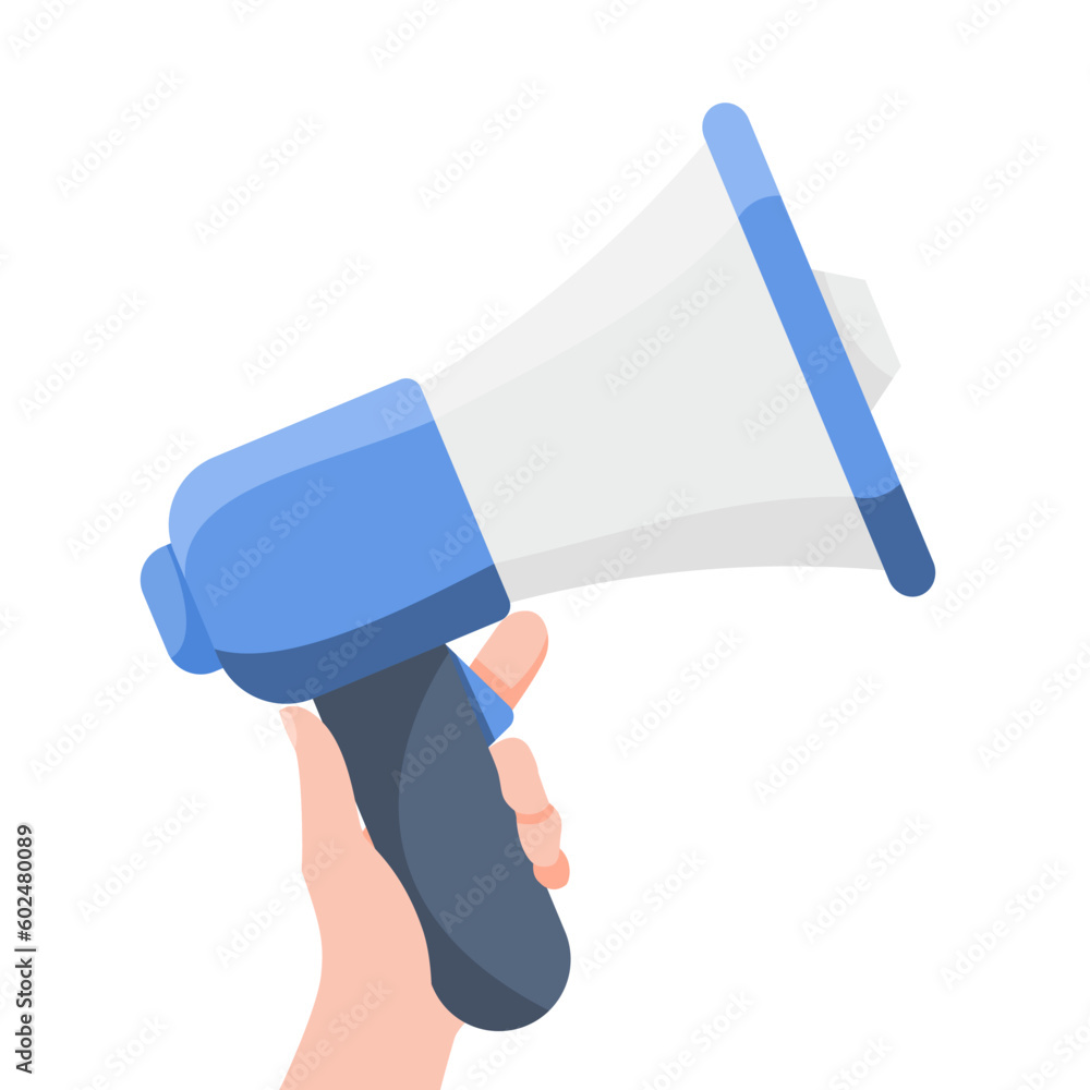 Hand holding blue Megaphone on isolated white background. Vector illustration cartoon flat design 
 object.