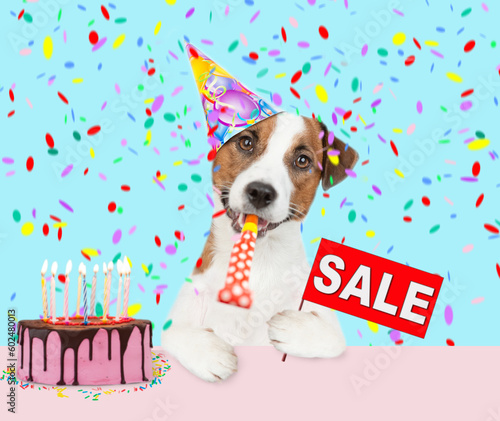 jack russell terrier puppy wearing sunglasses and party cap blows into party horn and showing signboard with labeled "sale" © Ermolaev Alexandr