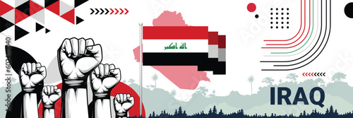 Celebrate Iraq independence in style with bold and iconic flag colors. raising fist in protest or showing your support, this design is sure to catch the eye and ignite your patriotic spirit!