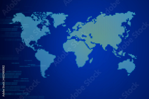 Square shape dotted world map on gradient blue background. Abstract technology digital backgrounds with binary code and world map