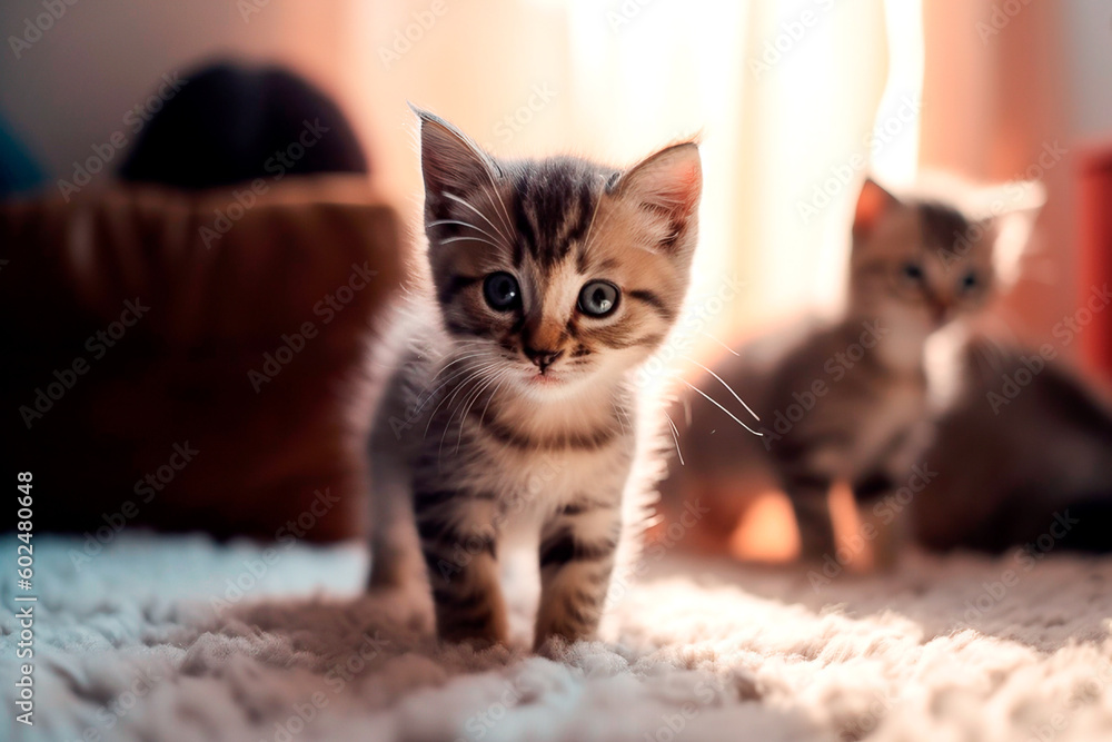 kitten in the room looks wary with curiosity, in the background the second blurred kitten, pets kitten in the room looks wary with curiosity, in the background the second blurred kitten, pets
