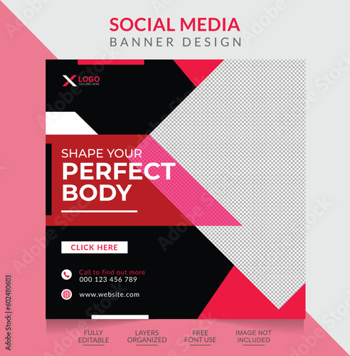 Square fitness gym social media post Design template
