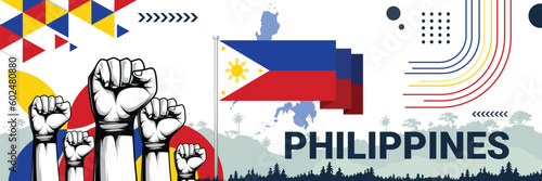 Celebrate Philippines independence in style with bold and iconic flag colors. raising fist in protest or showing your support, this design is sure to catch the eye and ignite your patriotic spirit!