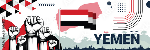 Celebrate Yemen independence in style with bold and iconic flag colors. raising fist in protest or showing your support, this design is sure to catch the eye and ignite your patriotic spirit!
