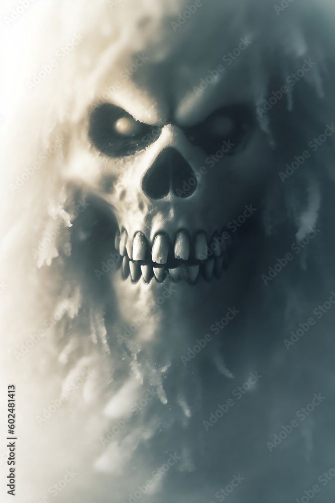A horror poster with a human skull face in snowy and cold foggy cloudy, generative ai A horror poster with a human skull face in snowy and cold foggy cloudy, generative ai