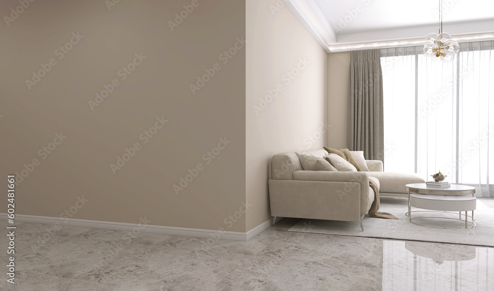 Blank beige brown corner wall, living room with corner sofa, round coffee table on rug, modern chandelier light in sunlight from floor to ceiling curtain on marble floor. Interior design background 3D