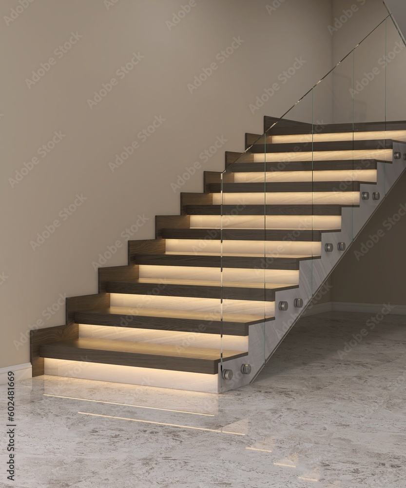 Luxury, modern straight brown wooden tread, hidden LCD light, white ...