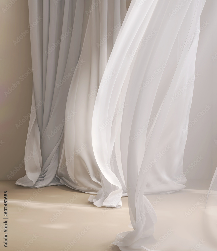 Soothing, mesmerizing wavy harmony movement of layer of blowing white, beige silky smooth sheer fabric cloth curtain in soft beautiful light on brown floor stage. Beauty, fashion product background 3D