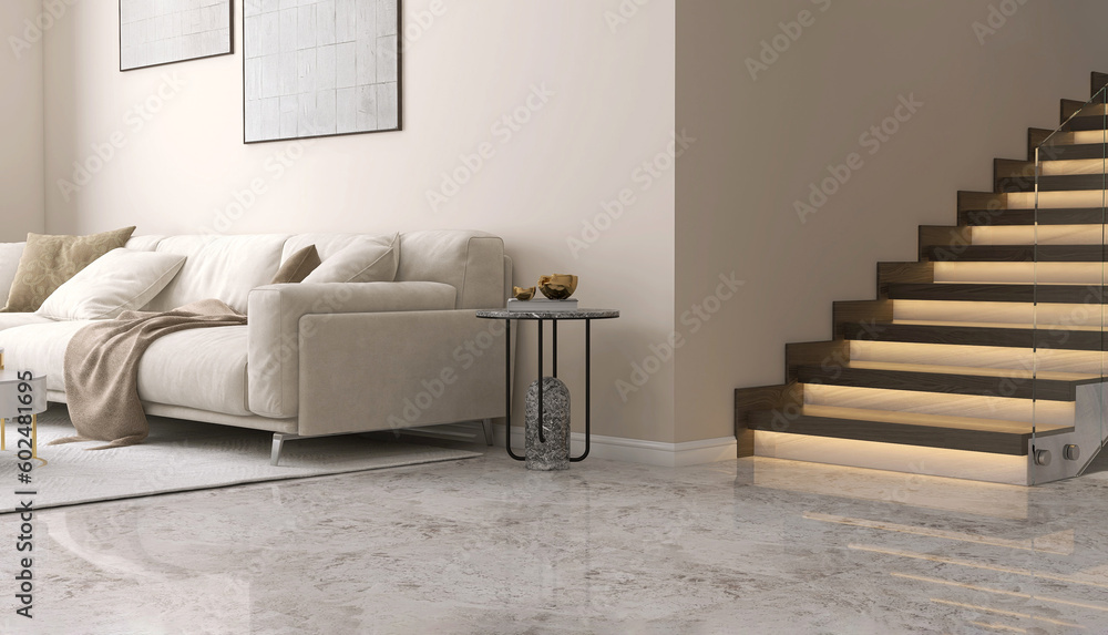 White marble floor tile in brown wall hall, luxury living room with beige corner sofa, side table, wooden stairway in sunlight from floor to ceiling sheer curtain for interior design background 3D - obrazy, fototapety, plakaty 