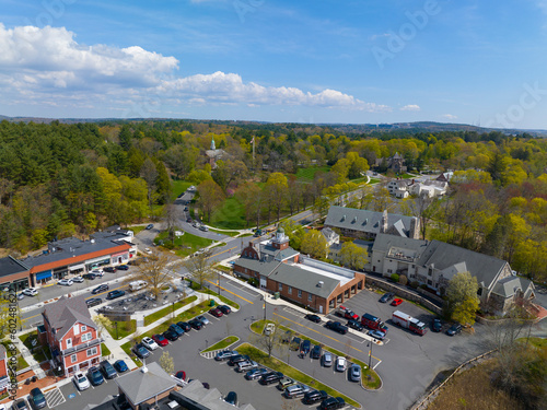 Weston historic town center aerial view in spring including Town Hall, Lanson Park, Fire Station and St Julia's Catholic Church on Boston Post Road, Weston, Massachusetts MA, USA.  © Wangkun Jia