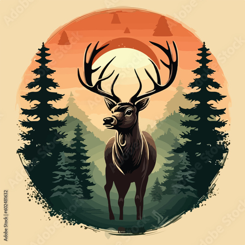 vintage big deer in pine forest night moon logo vector illustration