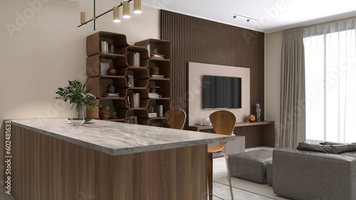 Luxury wood dining table island, marble top, two high chairs in brown wood wall panel living room, tv shelf counter, gray sofa in sunlight from curtain window for interior design product background 3D