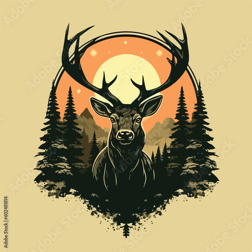 Tablou canvas vintage big deer in pine forest night moon logo vector illustration