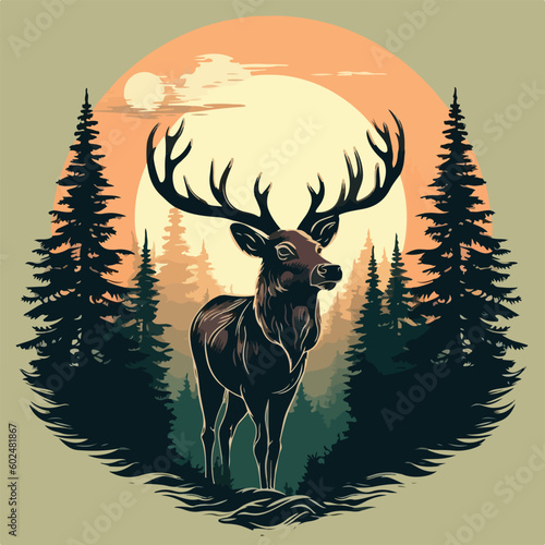 vintage big deer in pine forest night moon logo vector illustration